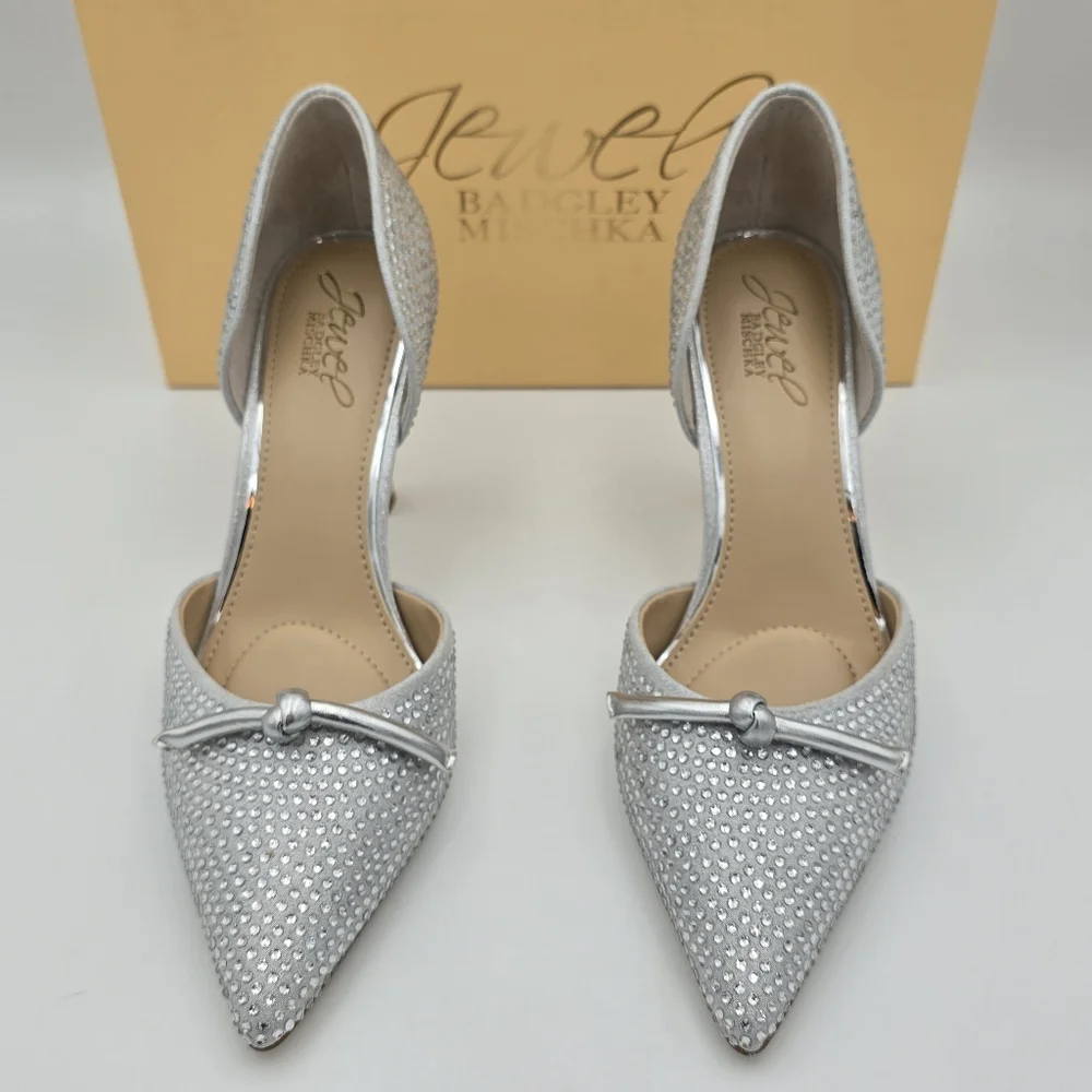 NIB Jewel Badgley Terresa D'Orsay Stiletto Pumps, Silver Textile, Women's Size 7 - Picture 4 of 16
